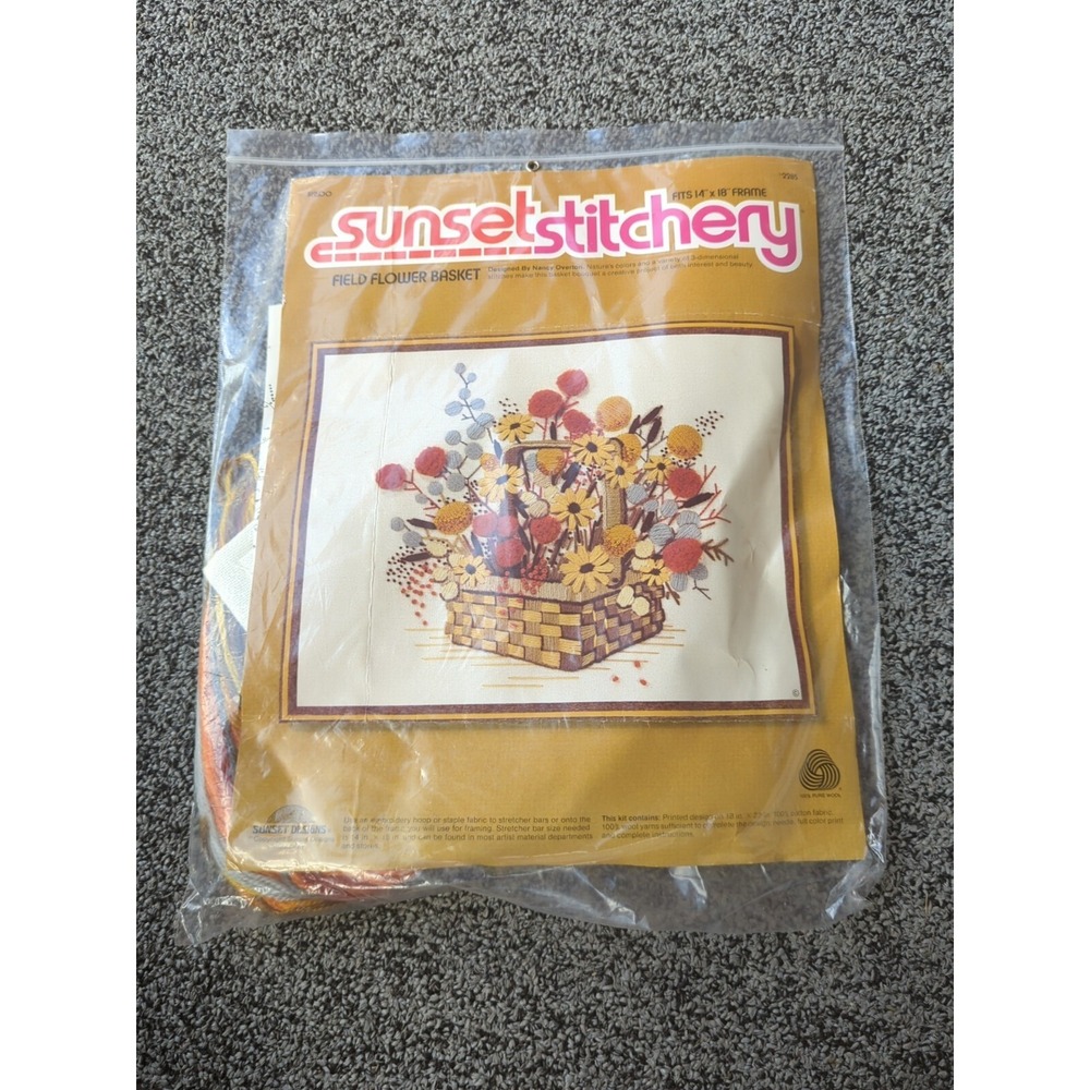 Vintage SUNSET Needlepoint STITCH Kit FIELD FLOWER BASKET Frame Size 14‎ X 18"